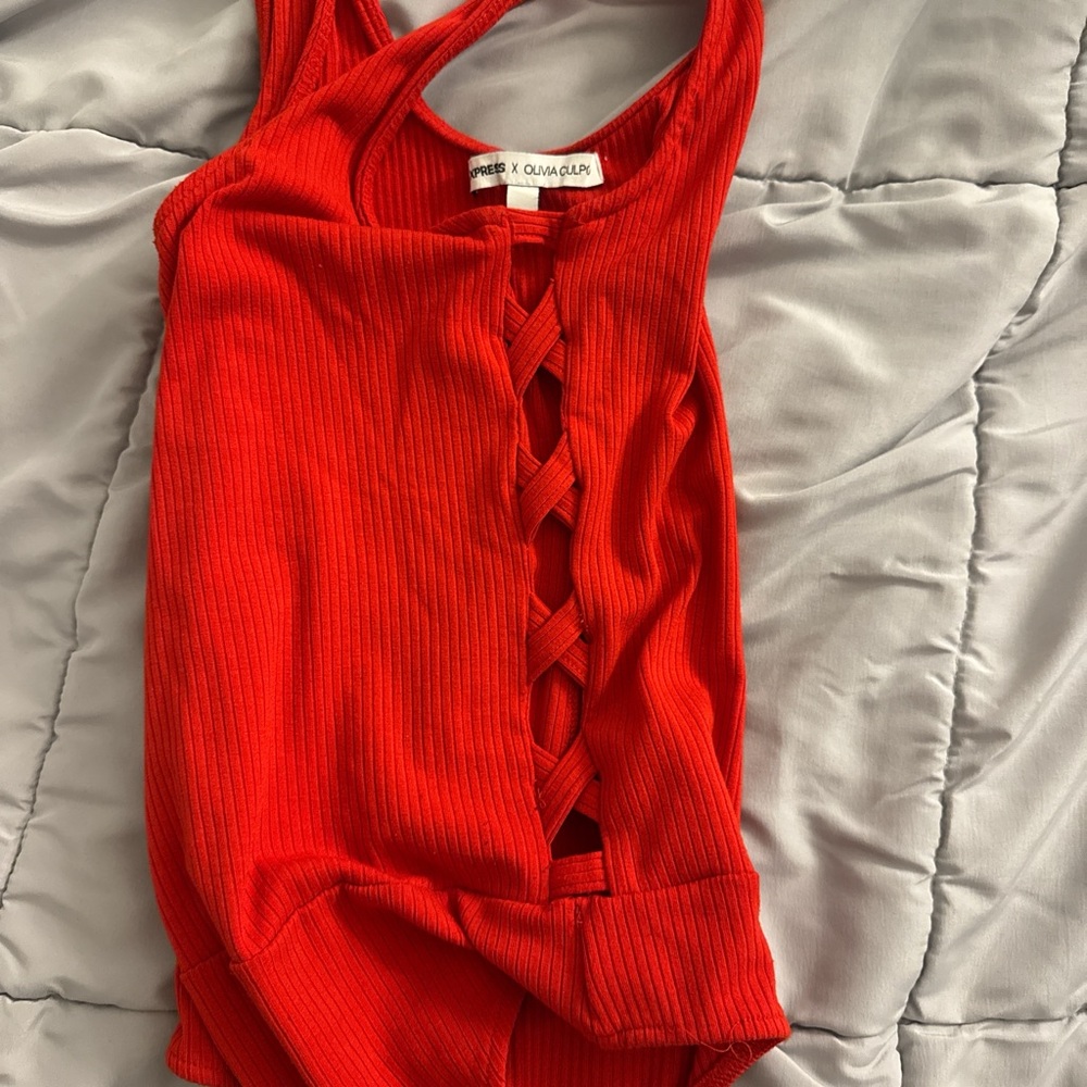 Express Red Ribbed Bodysuit - Picture 3 of 5